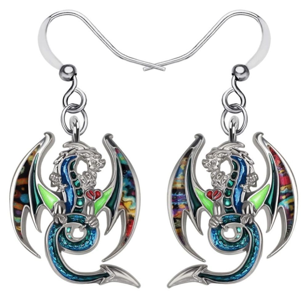 Silver and Multicolor Enamel Mythical Dragon Dangling French Wire Hook Earrings
